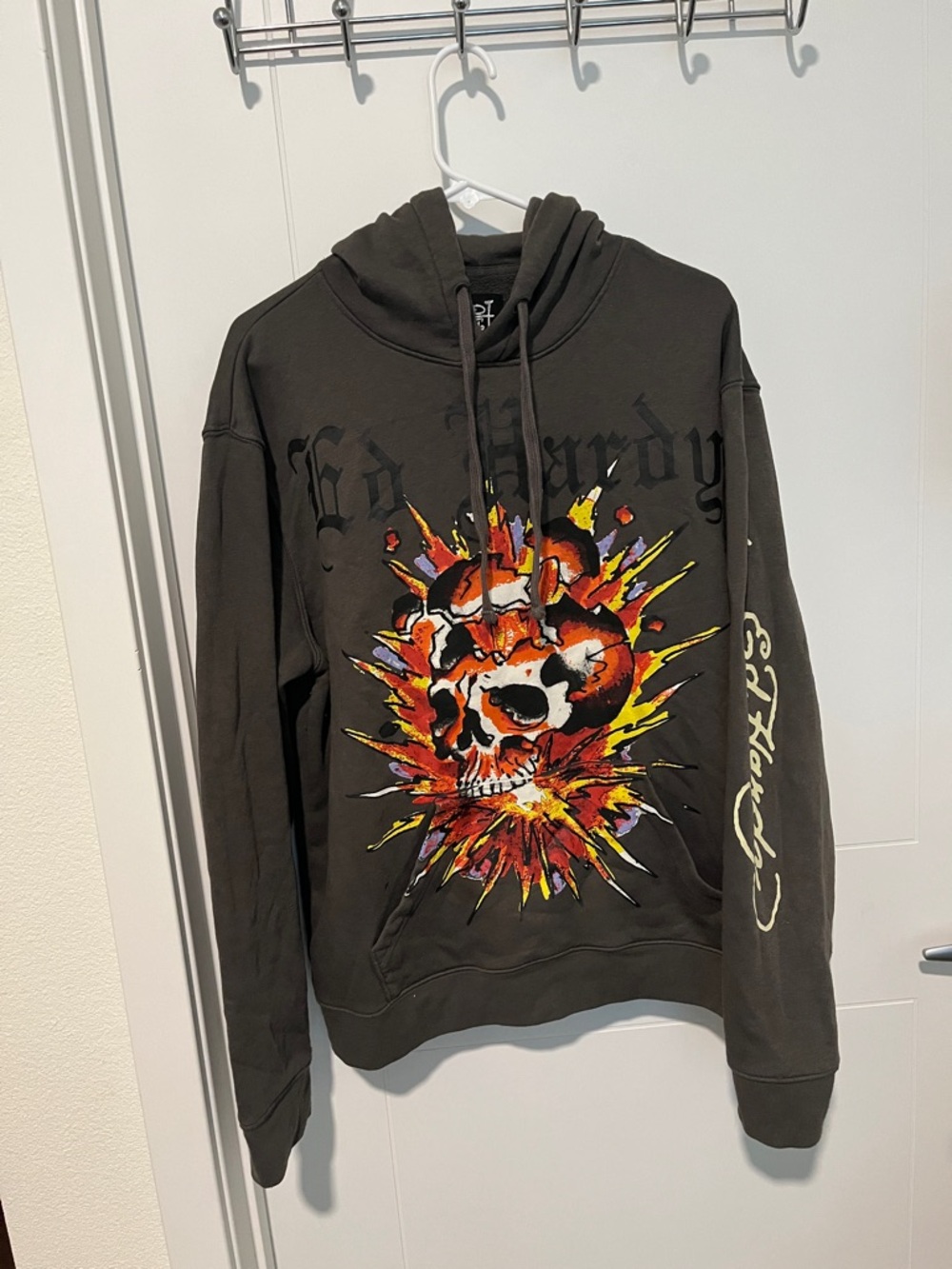 Ed Hardy Gray Skeleton Design Graphic Pullover Hoodie Pocket Sweatshirt Casual